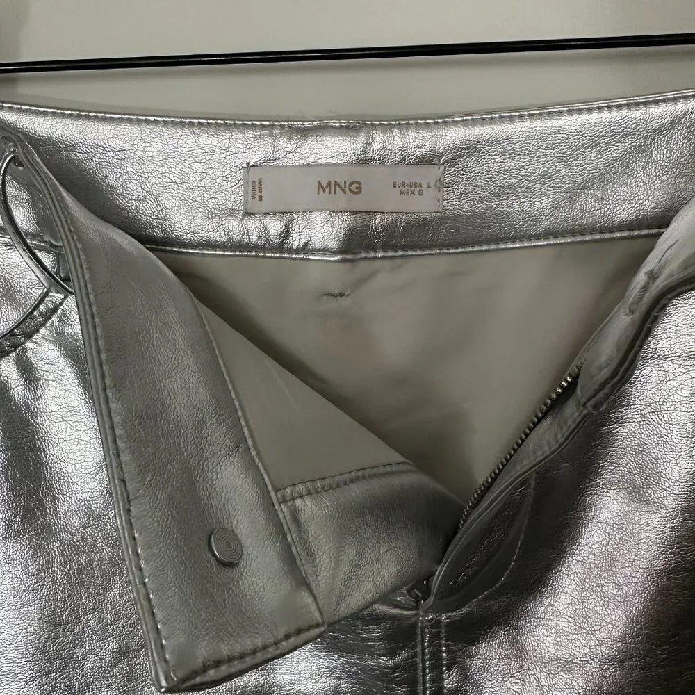 MNG MANGO Faux Leather Silver Mini Skirt Size L Club Edgy Cosplay